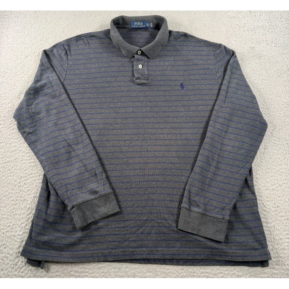 Polo Ralph Lauren Long Sleeve Polo Shirt Mens 2XL Gray Blue Striped Cotton Rugby